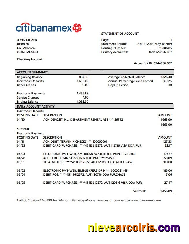 Mexico Citibanamex bank statement